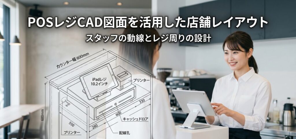 POSレジCAD図面を活用した店舗レイアウト。スタッフの動線とレジ周りの設計