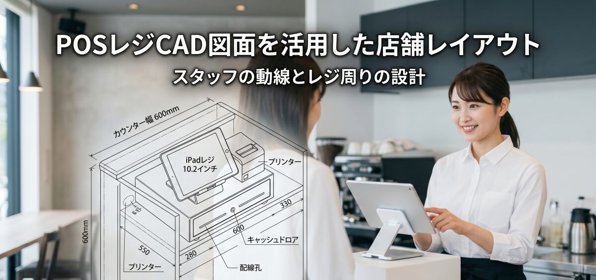 POSレジCAD図面を活用した店舗レイアウト。スタッフの動線とレジ周りの設計
