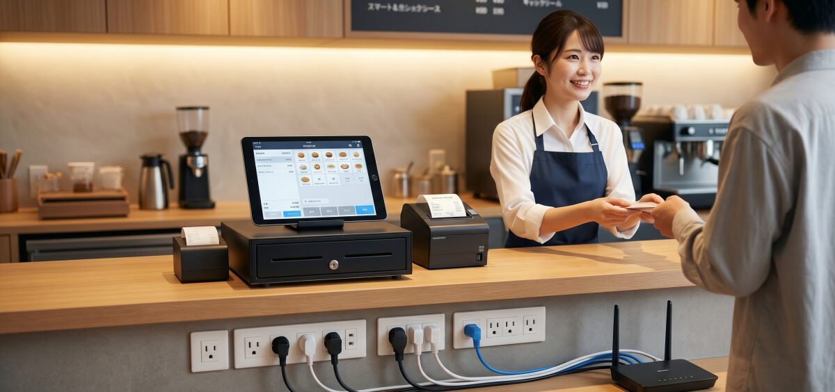 POSレジ導入に必要なコンセントと電源配線。安定する通信回線とスマートなレジ周りの設計