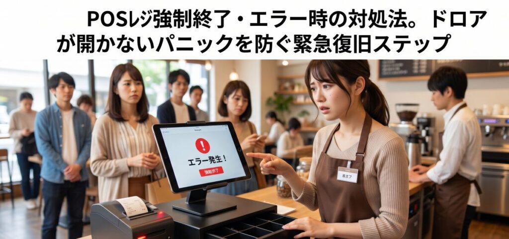 POSレジ強制終了・エラー時の対処法。ドロアが開かないパニックを防ぐ緊急復旧ステップ