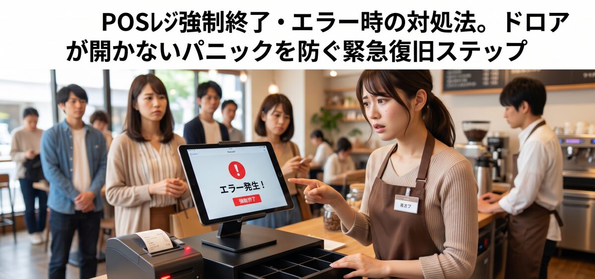 POSレジ強制終了・エラー時の対処法。ドロアが開かないパニックを防ぐ緊急復旧ステップ
