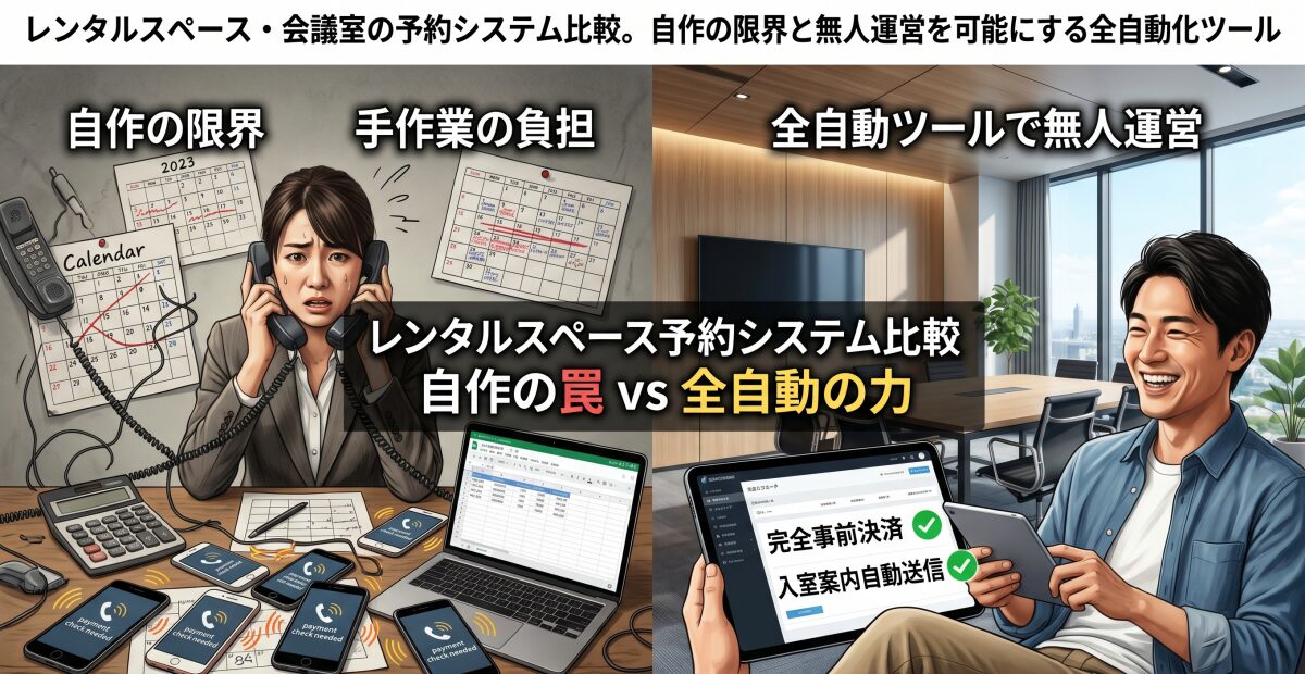 レンタルスペース・会議室の予約システム比較。自作の限界と無人運営を可能にする全自動化ツール
