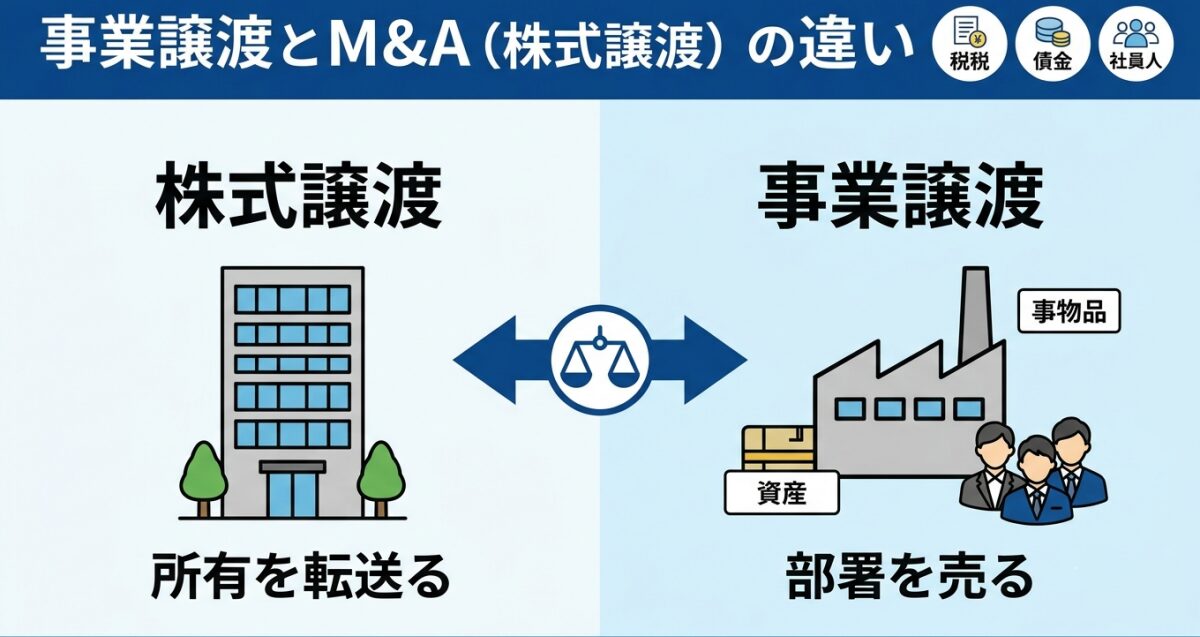 事業譲渡とM&A（株式譲渡）の違いとは？のれん代や税金・手続きのメリット・デメリット比較